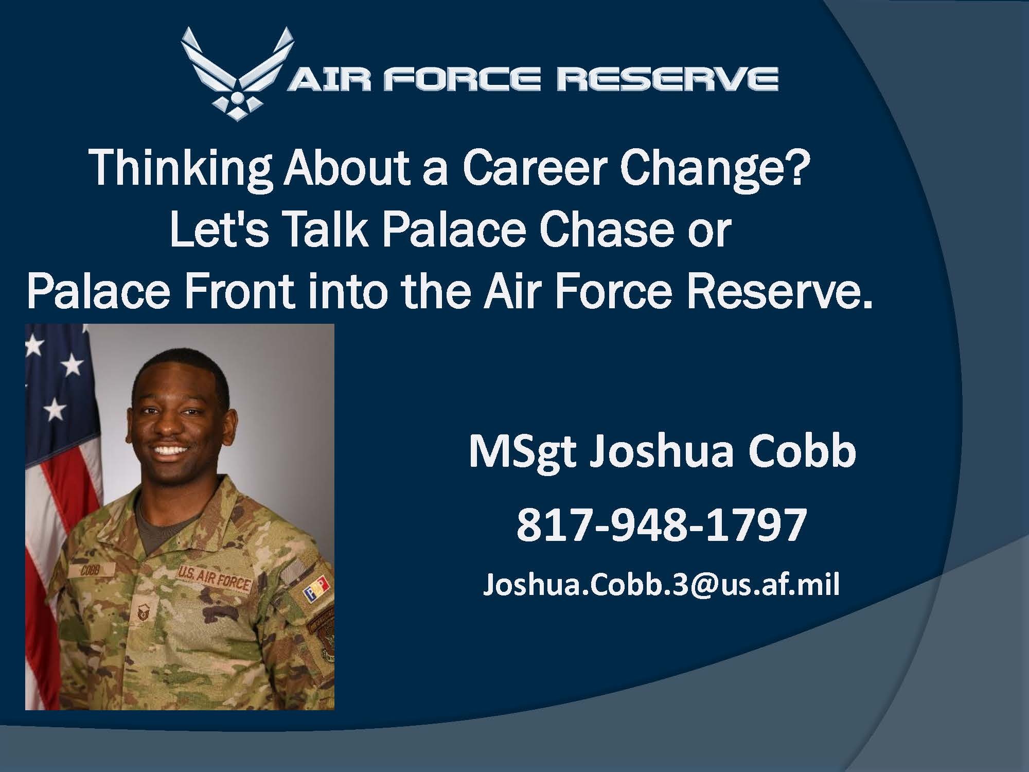 U.S. Air Force graphic promoting Palace Chase and Palace Front. The Palace Chase program offers eligible Airmen the opportunity to transition from active duty to the Air Force Reserve, providing increased flexibility while continuing to serve. (Courtesy graphic)