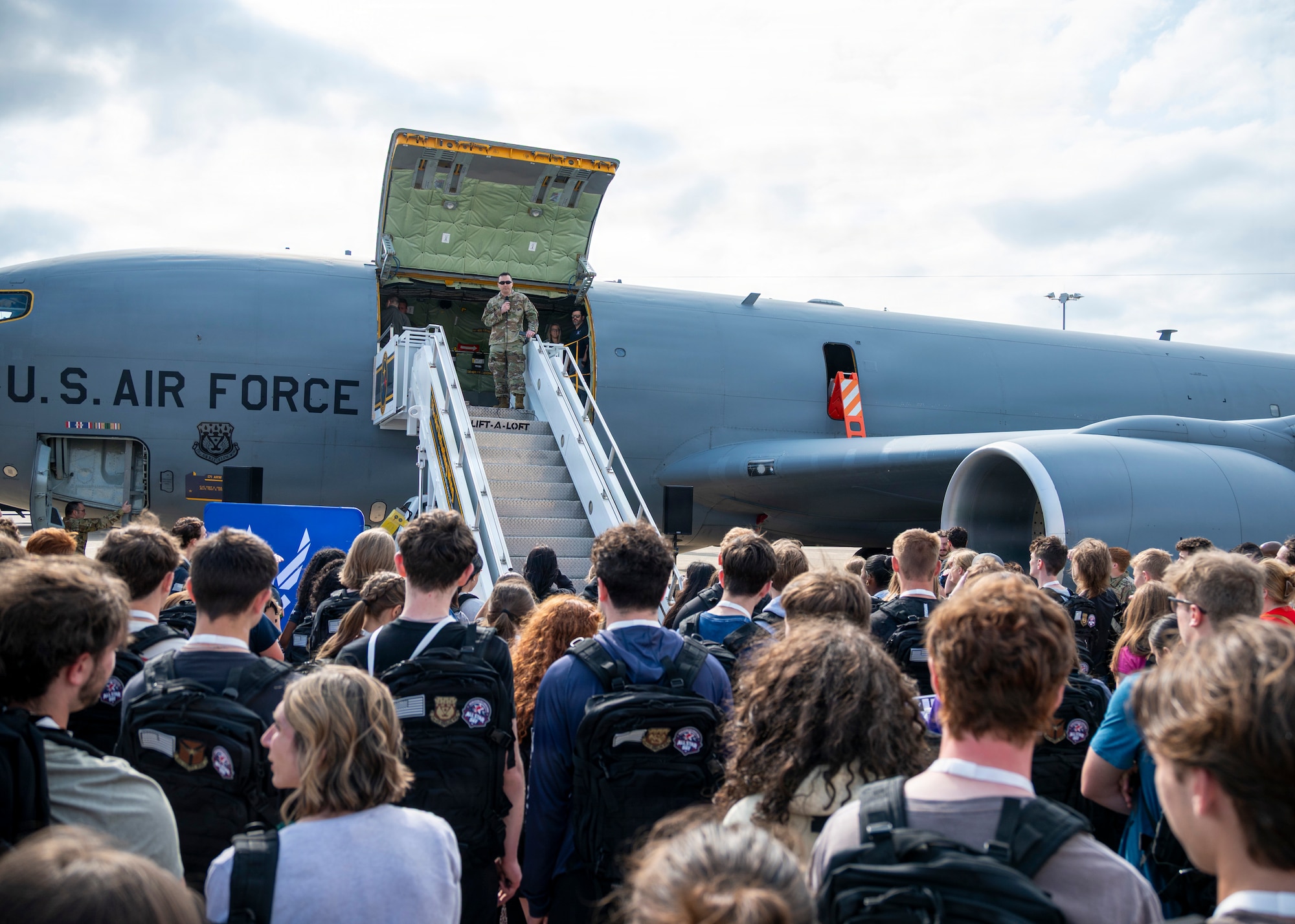 Lt. Col. Alex Steele, executive officer, 171st Air Refueling Wing, welcomes students during an All-Star Leadership Day in Pittsburgh, Pennsylvania, April 15, 2026. Airmen shared their experiences and perspectives, encouraging students to consider leadership roles and STEM-focused careers within the U.S. Air Force. (U.S. Air National Guard photo by Tech. Sgt. Zoe M. Wockenfuss)