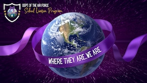 Image of the earth wrapped in a purple ribbon that rads Where They Are We Are. The top left of the graphic reads Dept of the Air Force School Liaison Program.