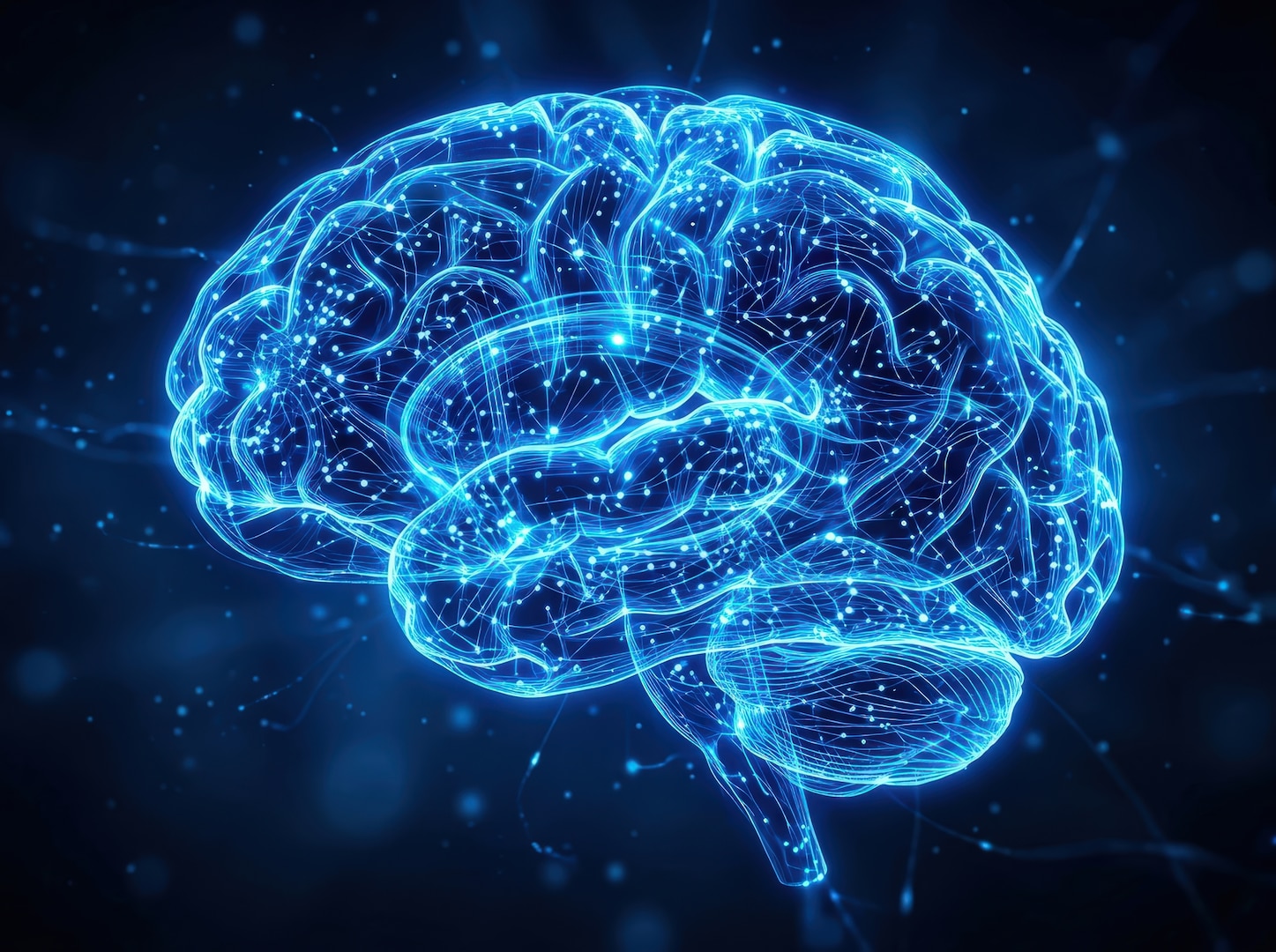 Illuminated brain map with network pathways. Visualization of interconnected neural pathways in brain.