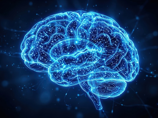 Illuminated brain map with network pathways. Visualization of interconnected neural pathways in brain.