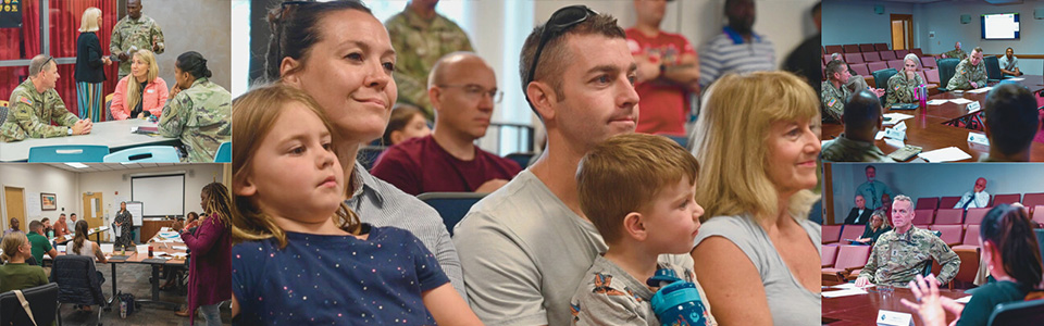 A photo collage of service members and their families