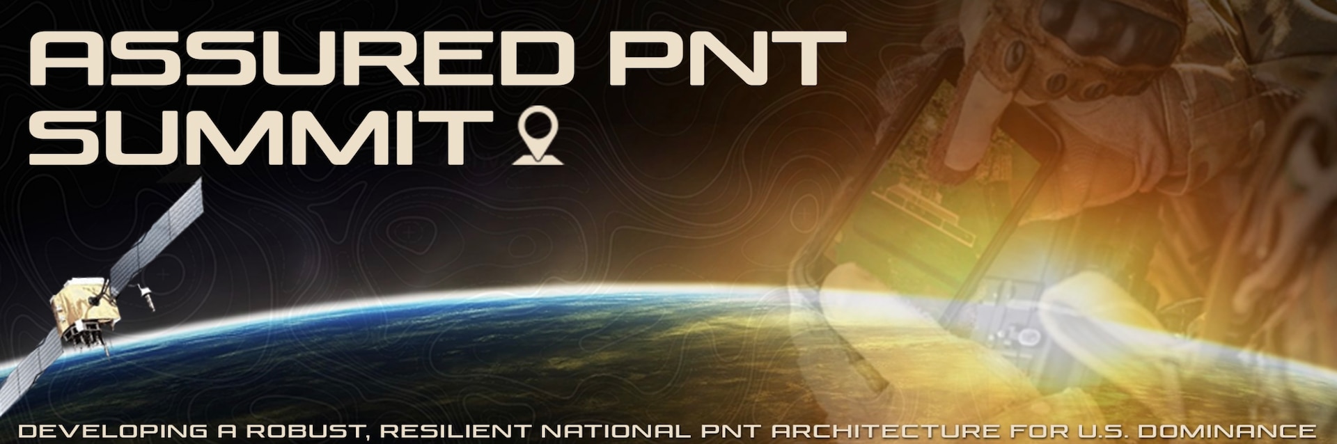 An image of Earth from the point of view in space with a satellite in the frame. Assured PNT Summit written in the top left.