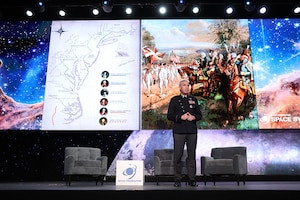 Gen. Stephen Whiting, commander of U.S. Space Command, reflects on 250 years of military history, and its influence on the Joint Force’s identity and readiness during his keynote at the 41st Space Symposium in Colorado Springs, Colorado, April 14, 2026. This is his third symposium as the commander of USSPACECOM. He also met with commercial partners and held bilateral engagements with allies and partners to further advance collaboration. This year, dubbed the “Year of Integration,” at USSPACECOM, has already seen demonstrative progress toward greater collaboration across the entire national security space enterprise. (Courtesy photo of Space Foundation)