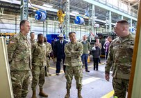 U.S. Army Maj. Gen. Gavin Gardner, commanding general of the 8th Theater Sustainment Command, and Brig. Gen. Jin Pak, commanding general of the 19th Expeditionary Sustainment Command, receive a briefing from Col. Randolph Carpenter, commander of the U.S. Army Materiel Support Command,-Korea, during a tour of the Combat Power Generation Center at Camp Carroll, Waegwan, Republic of Korea, April 7, 2026.