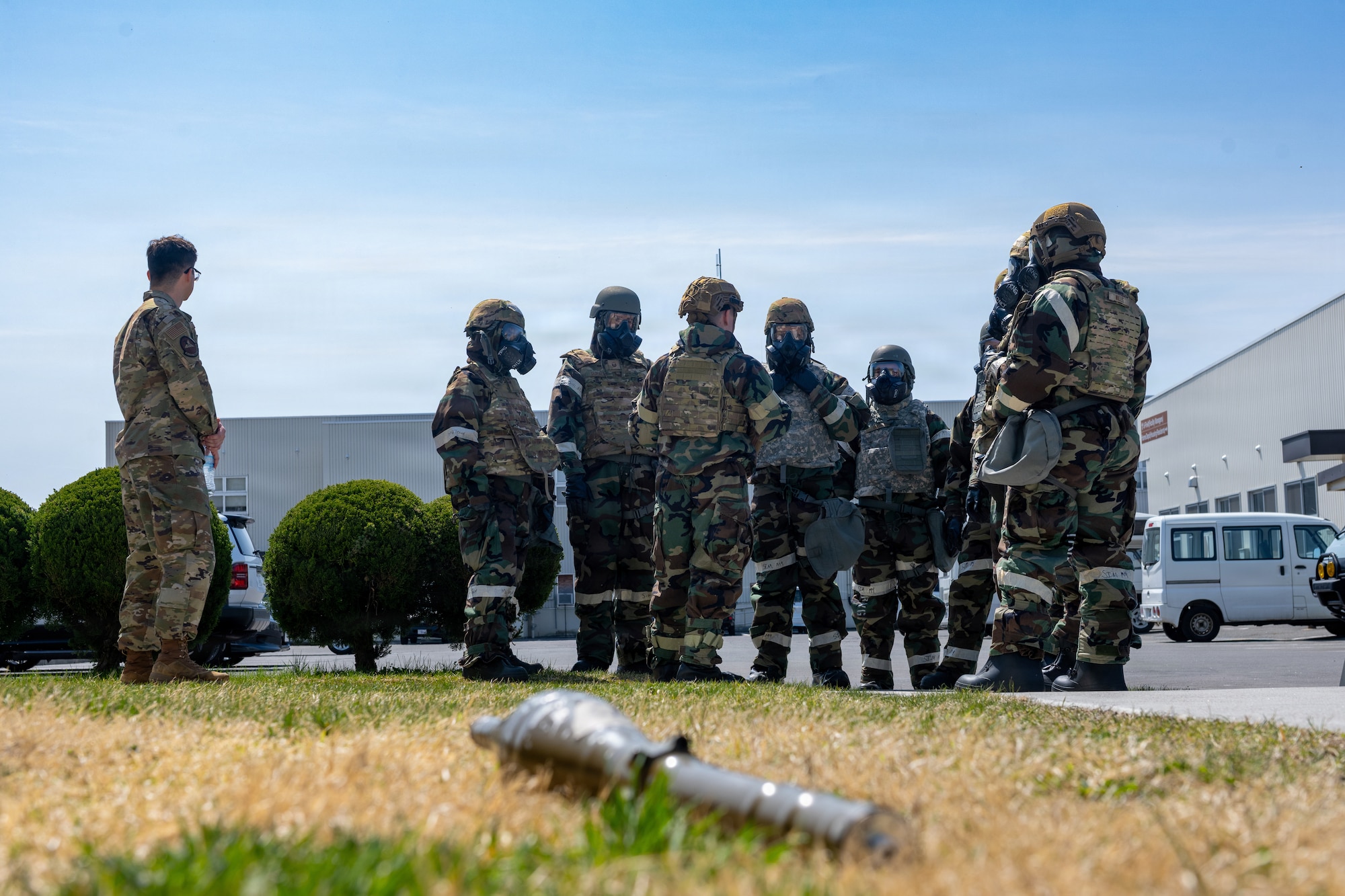 U.S. Airmen assigned to the 35th Fighter Wing conduct a post-attack reconnaissance sweep during a chemical, biological, radiological and nuclear (CBRN) class.