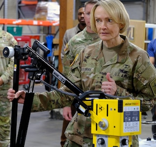 Army Surgeon General Lt. Gen. Mary Izaguirre participates in a demonstration of a diagnostic medical imaging system at the Army Medical Logistics Command's Medical Maintenance Operations Division in San Joaquin, California, April 10. Izaguirre visited to gain a comprehensive understanding of the medical device sustainment and maintenance mission.