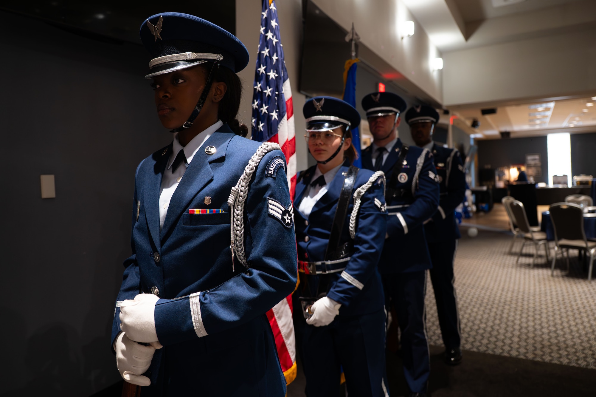 The Goodfellow Air Force Base Honor Guard prepares for the presentation of colors during a Chief Recognition Ceremony.