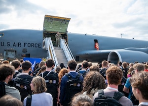Lt. Col. Alex Steele, executive officer, 171st Air Refueling Wing, welcomes students during an All-Star Leadership Day in Pittsburgh, Pennsylvania, April 15, 2026. Airmen shared their experiences and perspectives, encouraging students to consider leadership roles and STEM-focused careers within the U.S. Air Force. (U.S. Air National Guard photo by Tech. Sgt. Zoe M. Wockenfuss)
