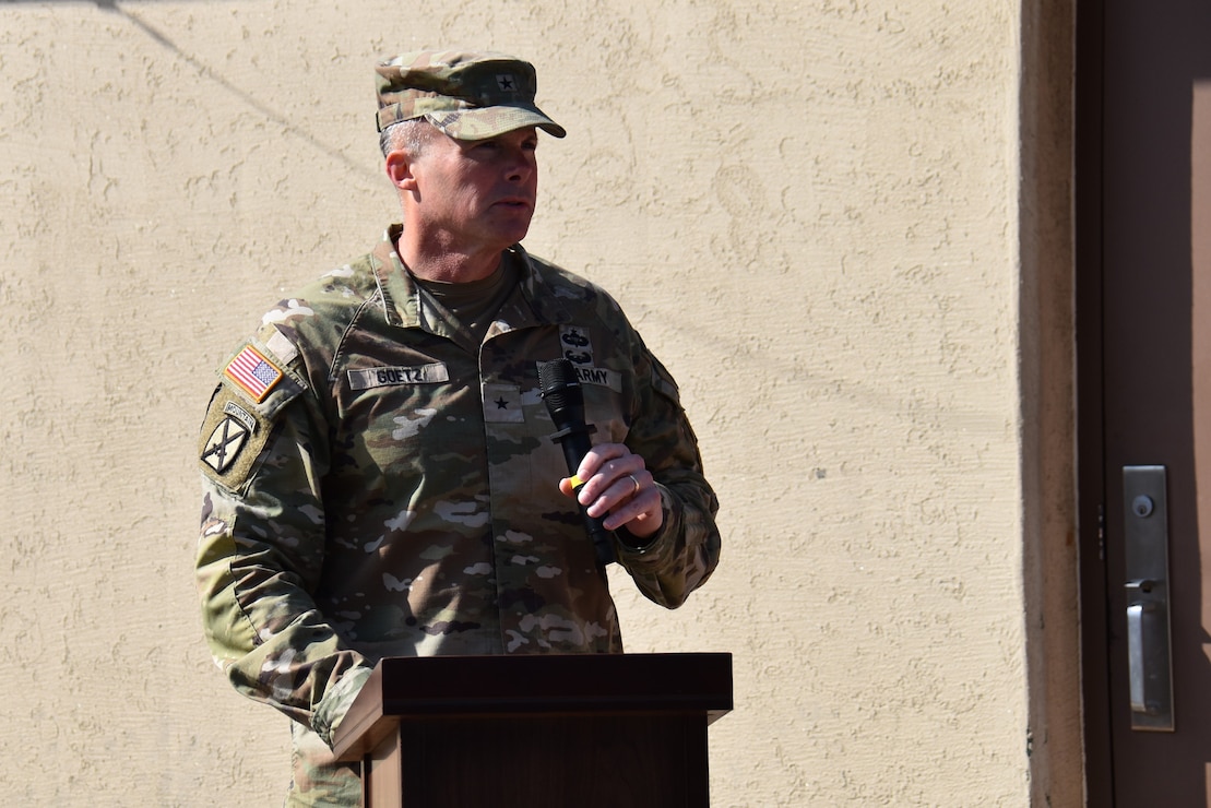 Brig. Gen. Joseph C. “Clete” Goetz, commander, U.S. Army Corps of Engineers Pacific Ocean Division, provides opening remarks at a First Strike Ceremony of the Consolidated Fire and Military Police Station at Camp Walker, South Korea, on April 16, 2026.