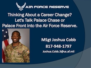 U.S. Air Force graphic promoting Palace Chase and Palace Front. The Palace Chase program offers eligible Airmen the opportunity to transition from active duty to the Air Force Reserve, providing increased flexibility while continuing to serve. (Courtesy graphic)