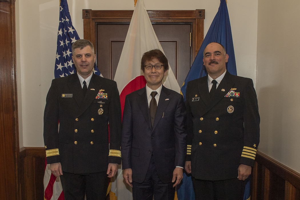 YOKOSUKA, Japan (April 10, 2026) — From left, Rear Adm. Ian L. Johnson, Commander, U.S. Naval Forces Japan/Navy Region Japan, Shimoda City Mayor Shoichiro Matsuki and Capt. Jon Hopkins, Commander, Fleet Activities Yokosuka (CFAY), pose for a photo during an office call at CFAY April 10, 2026. For more than 80 years, CFAY has provided, maintained, and operated base facilities and services in support of the U.S. 7th Fleet's forward-deployed naval forces, tenant commands, and thousands of military and civilian personnel and their families. (U.S. Navy photo by Mass Communication Specialist 2nd Class Quinton A. Lee)