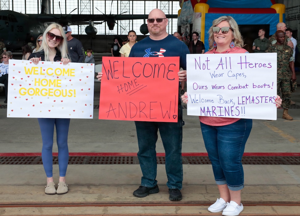Friends and families of Marine Aerial Refueler Transport Squadron (VMGR) 252, Marine Aircraft Group 14, 2nd Marine Aircraft Wing, wait for their loved ones to arrive at Marine Corps Air Station Cherry Point, North Carolina, April 7, 2026. A detachment of Marines with VMGR-252 returned from a 6-month deployment in support of Combined Joint Task Force - Horn of Africa. (U.S. Marine Corps photo by Lance Cpl. Octavius Jordan)