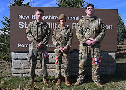 From left, Cadet Quinn LaRock of University of New Hampshire’s Army ROTC program; Master Sgt. Amber Martine, 157th Security Forces Squadron; New Hampshire Air National Guard; and Staff Sgt. Timothy Bowman, recruiter with New England Recruiting Battalion; assemble after completing a Norwegian Foot March on April 12, 2026, at the state military reservation in Concord, New Hampshire.