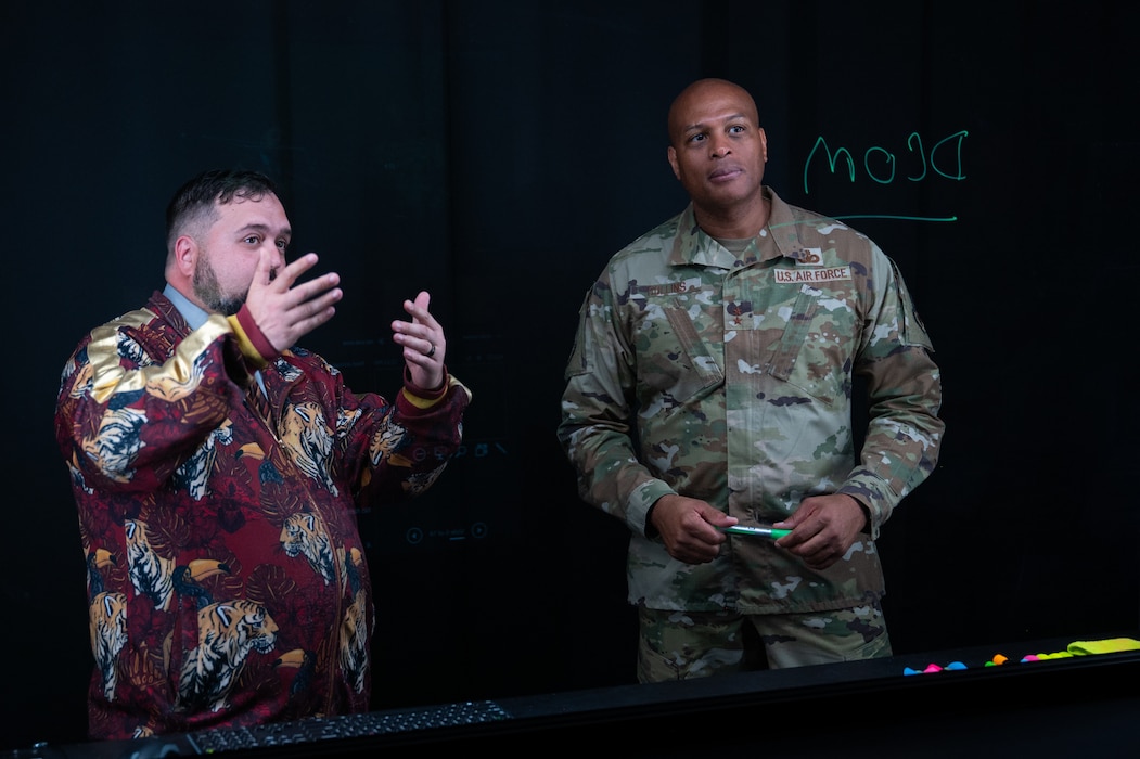 U.S. Air Force Maj. Gen. Roy W. Collins, Air Education Training Command deputy commander, receives a briefing on the technology used by the 17th Training Support Squadron’s Instructional Technology Unit at Goodfellow Air Force Base, Texas, April 10, 2026. The ITU aims to keep Airmen informed and mission-ready as they transition to their operational units. (U.S. Air Force photo by Senior Airman Brian Lummus)