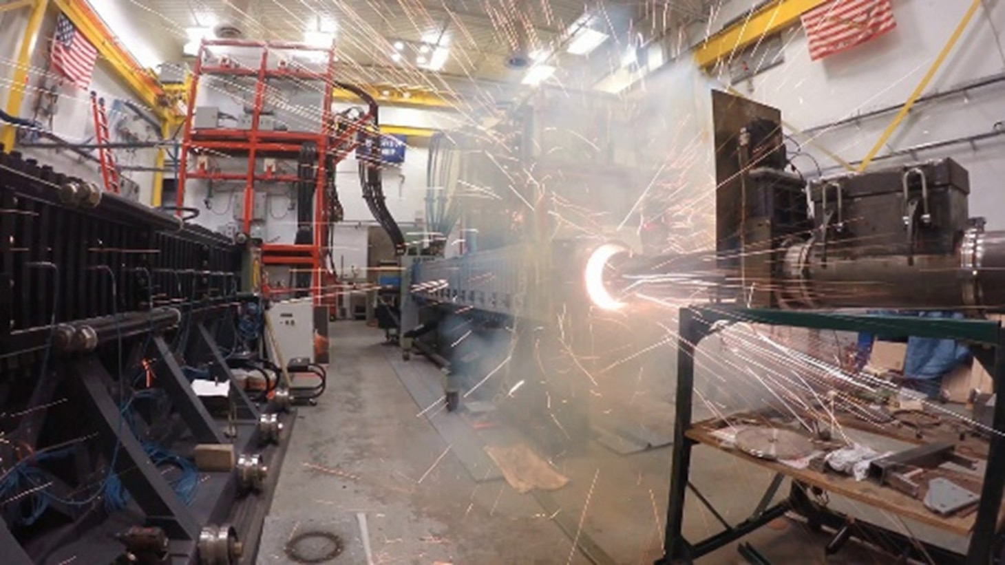 A shot from the U.S. Naval Research Laboratory’s medium-caliber railgun. NRL continues to develop railgun science and technology for the Navy, demonstrating performance in areas including bore life and projectile energy. (U.S. Navy photo)