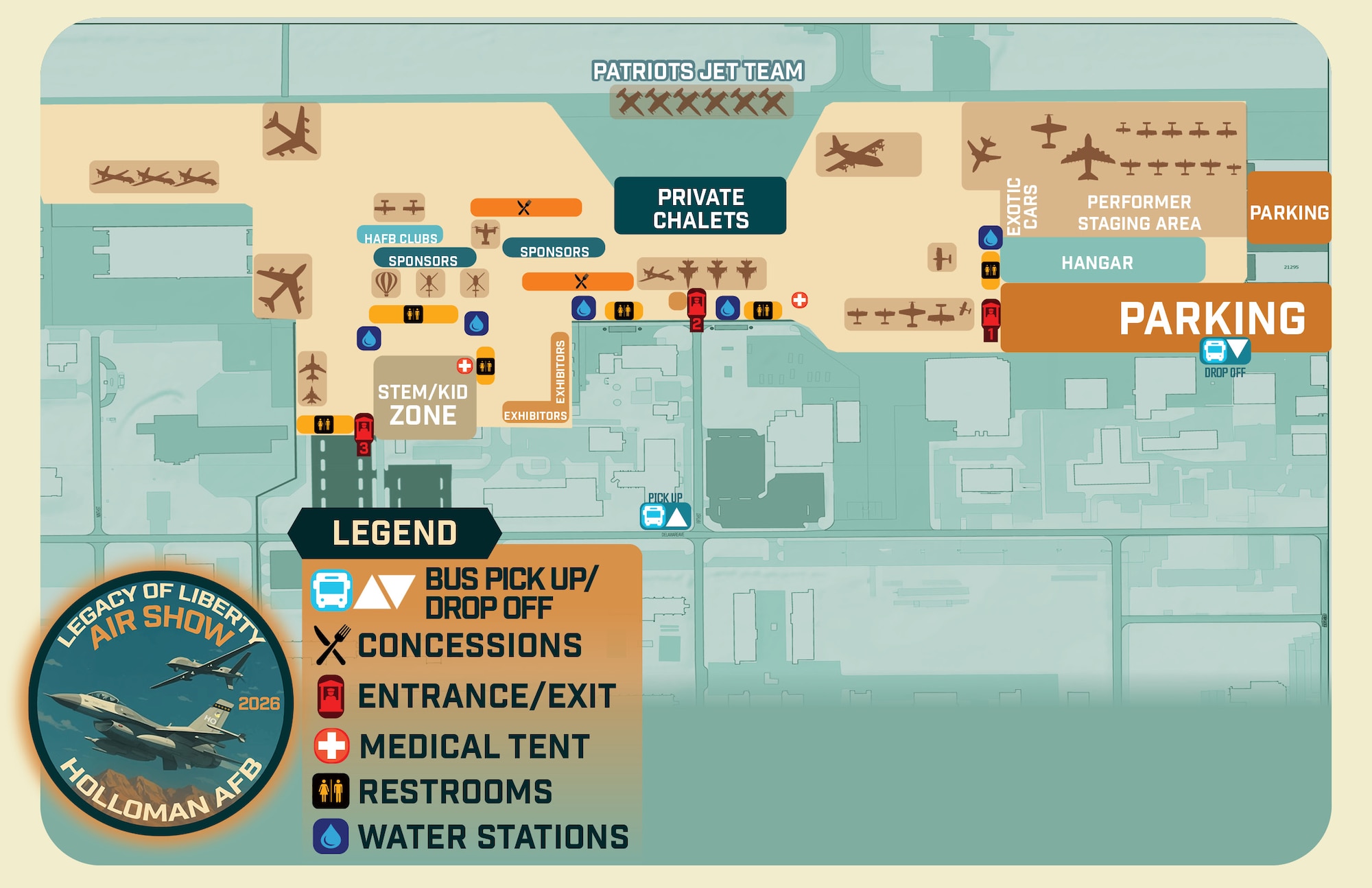 Map information for the 2026 Legacy of Liberty Airshow at Holloman Air Force Base, New Mexico, April 18-19, 2026.