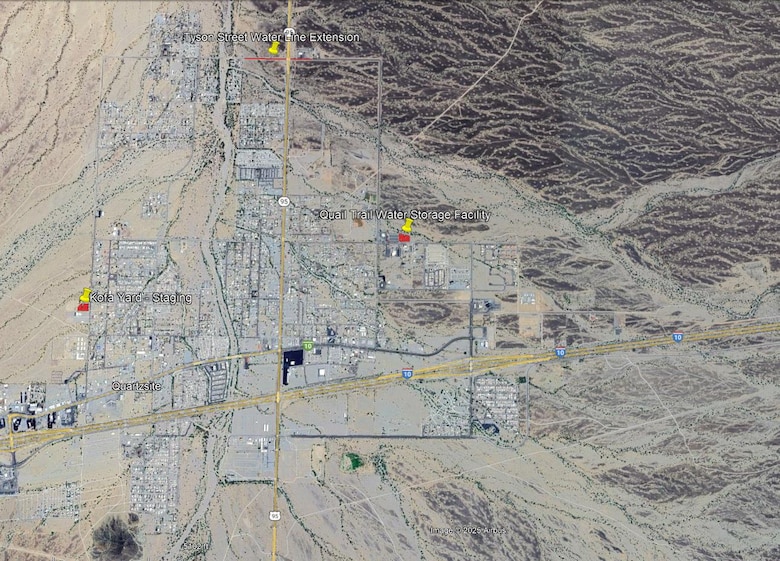Figure 1. Location map – Highlighted red areas with yellow pins are approximate component locations of the Proposed Action. The inset map shows the approximate location of the Town of Quartzsite in La Paz County, Arizona.