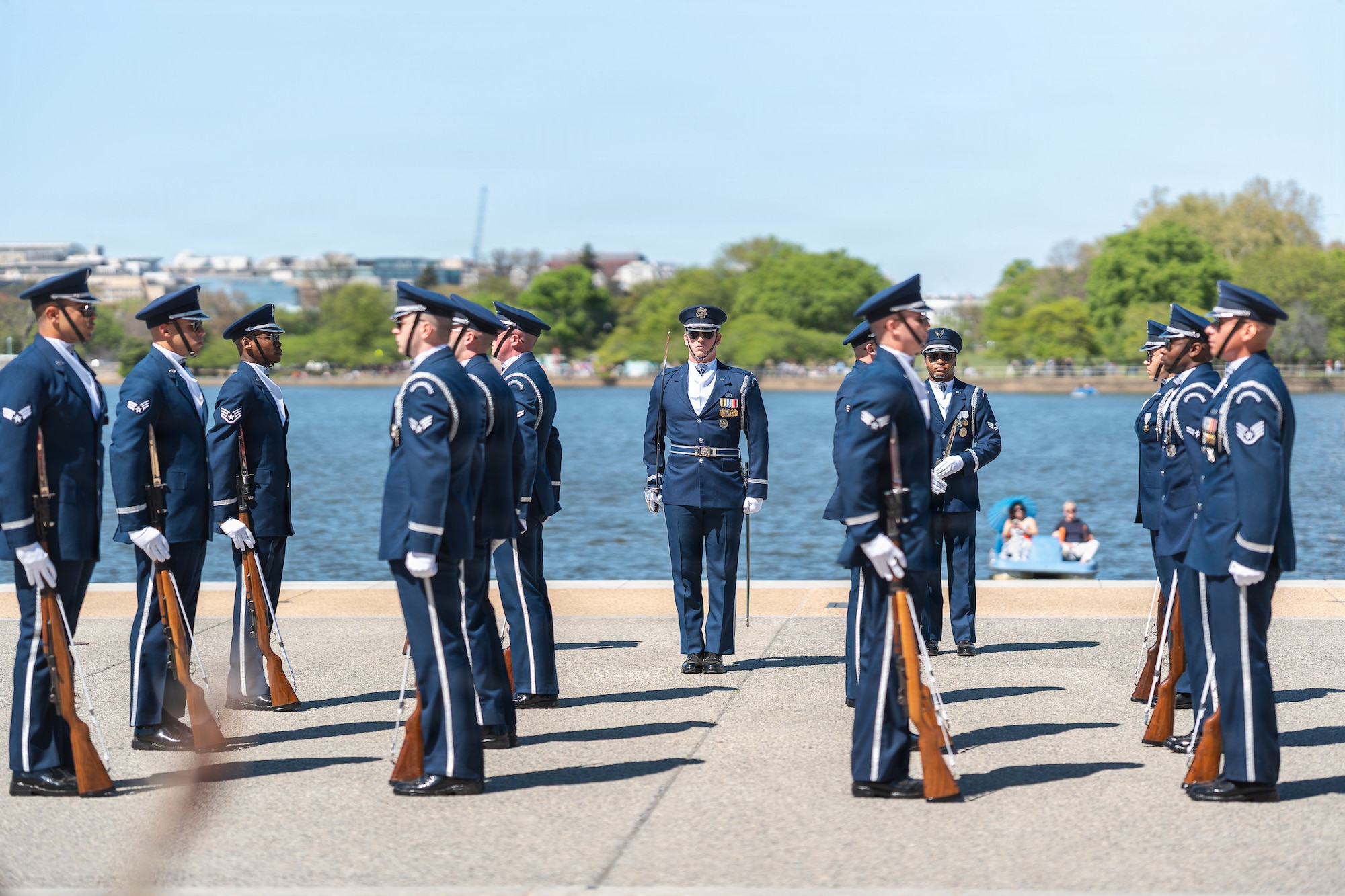 Members of the U.S. Air Force Honor Guard Drill Team stand at attention during the Joint Service Drill Exhibition at the Jefferson Memorial, Washington, D.C., April 11, 2026. Military drill teams from all U.S. military services performed while being evaluated on factors such as military bearing, precision, and crowd interaction. The U.S. Air Force Honor Guard Drill Team won the annual exhibition for the first time in 14 years. (U.S. Air Force courtesy photo)