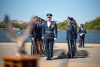 U.S. Air Force Capt. Andrew Paquin, center, ceremonial operations officer in charge of the U.S. Air Force Honor Guard Drill team, completes a walkthrough sequence with the Drill Team during the Joint Service Drill Exhibition at the Jefferson Memorial, Washington, D.C., April 11, 2026. Military drill teams from all U.S. military services performed while being evaluated on factors such as military bearing, precision, and crowd interaction. The U.S. Air Force Honor Guard Drill Team won the annual exhibition for the first time in 14 years. (U.S. Air Force courtesy photo)