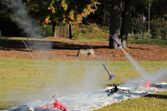 Model rockets blastoff Nov. 2, 2021, at Clay National Guard Center in Marietta, Georgia. The Georgia Department of Defense Peach State STARBASE program hosted Dowell Elementary School teachers to experience hands-on learning the program offers to children. (U.S. Army National Guard photo by Capt. Bryant Wine)