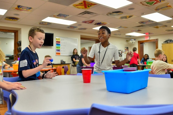 Students from the Peach State STARBASE program play a game in their classroom during a wee-long camp for military dependents at the Clay National Guard Center in Marietta, Ga., June 11, 2025.
