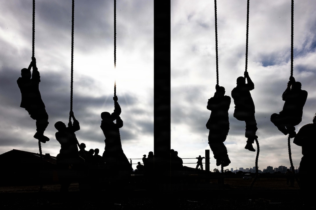 Six Marine Corps recruits climb ropes next to one another as seen in silhouette.