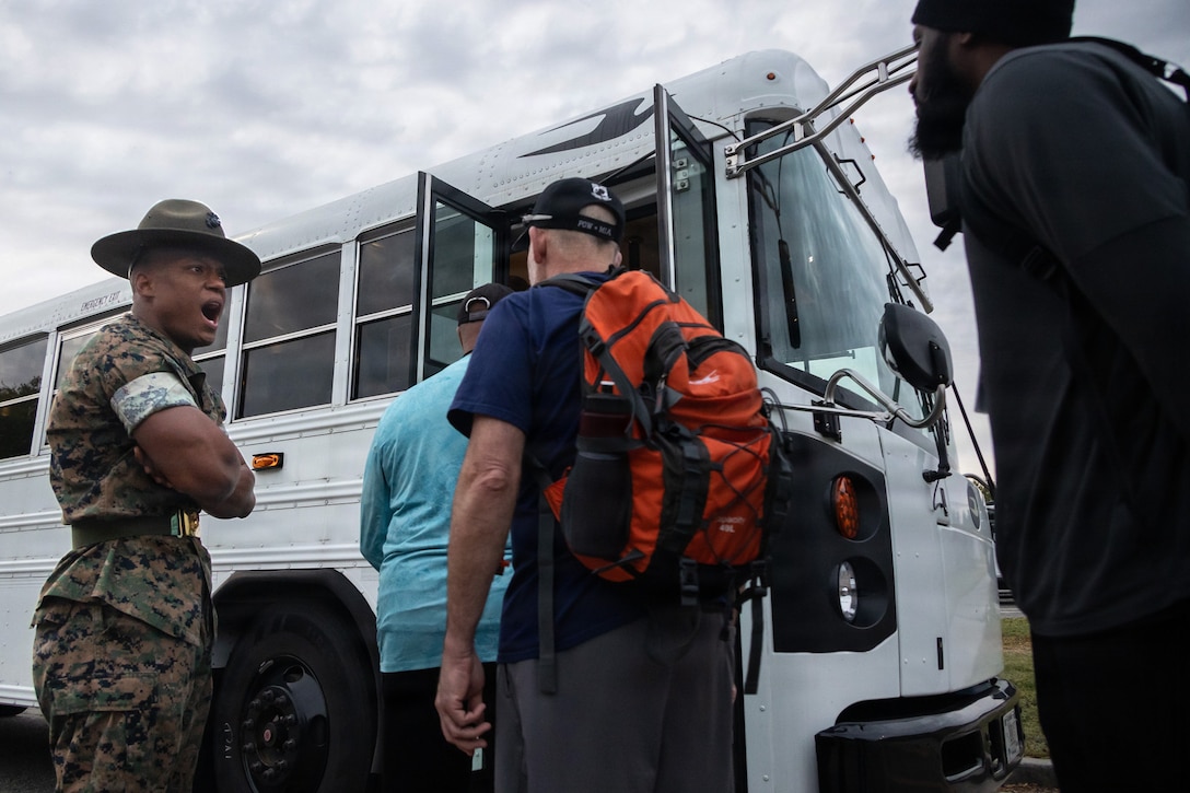 U.S. Marine Corps Staff Sgt. Mustafa Meyers , a drill instructor with 1st Battalion, Alpha Company instructs educators during educators workshop at Marine Corps Recruit Depot Parris Island, South Carolina, April 1, 2026. Educators workshop provides an opportunity for high school teachers and school administrators to experience and gain insight into some of the challenges recruits face during Marine Corps recruit training. Attendees of the workshop can inform their students about the benefits and opportunities the Marine Corps can provide. (U.S. Marine Corps photo by Cpl. Allegra Catalan-Dyson).