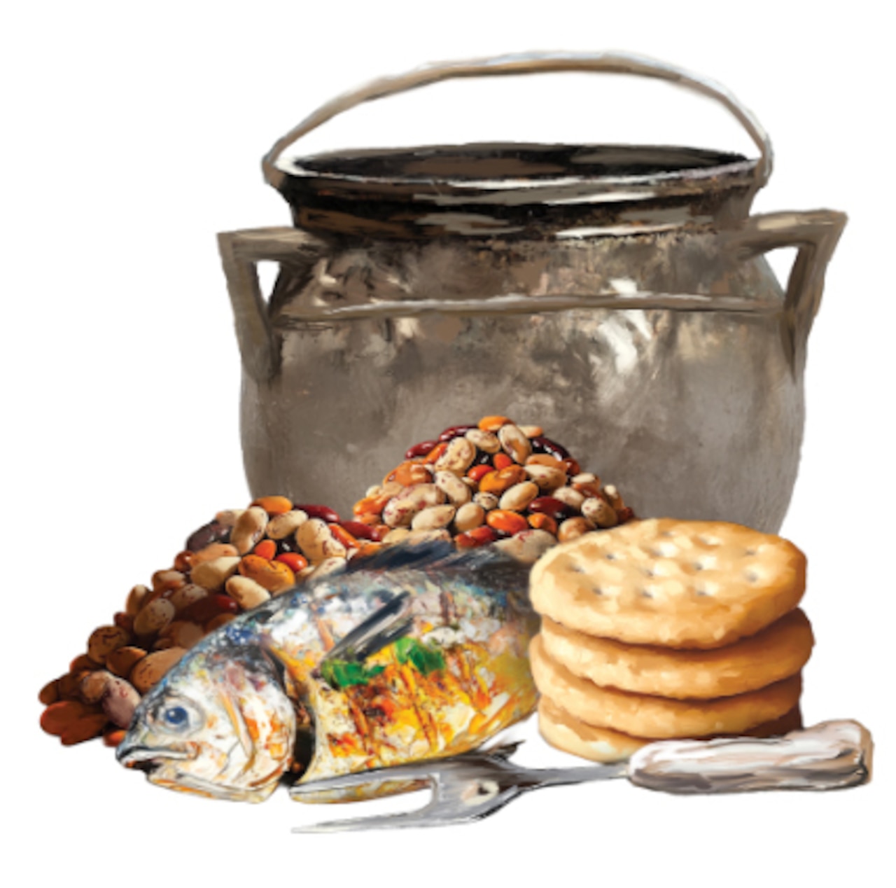A photo illustration of a kettle and fork beside nuts, beans, crackers and a fish.