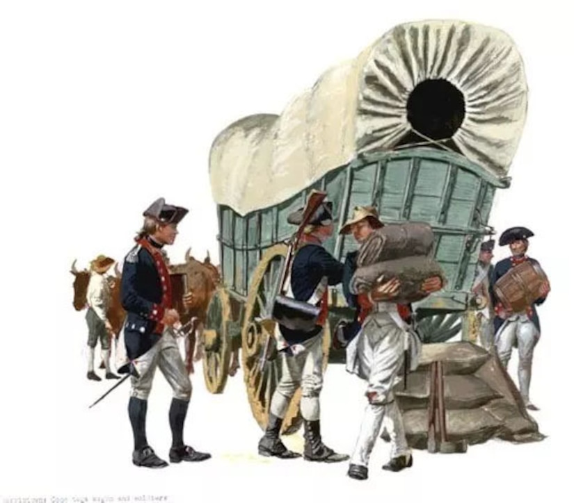 A painting of men in Revolutionary War era military uniforms unloading supplies from a wagon is shown.
