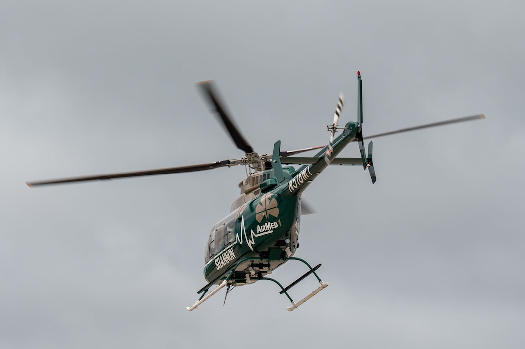 An AirMed helicopter departs after loading a simulated casualty during a joint emergency response exercise at Mathis Field, San Angelo Regional Airport, San Angelo, Texas, April 15, 2026. One participant was transported as part of the training scenario to enhance realism. (U.S. Air Force photo by Senior Airman James Salellas)