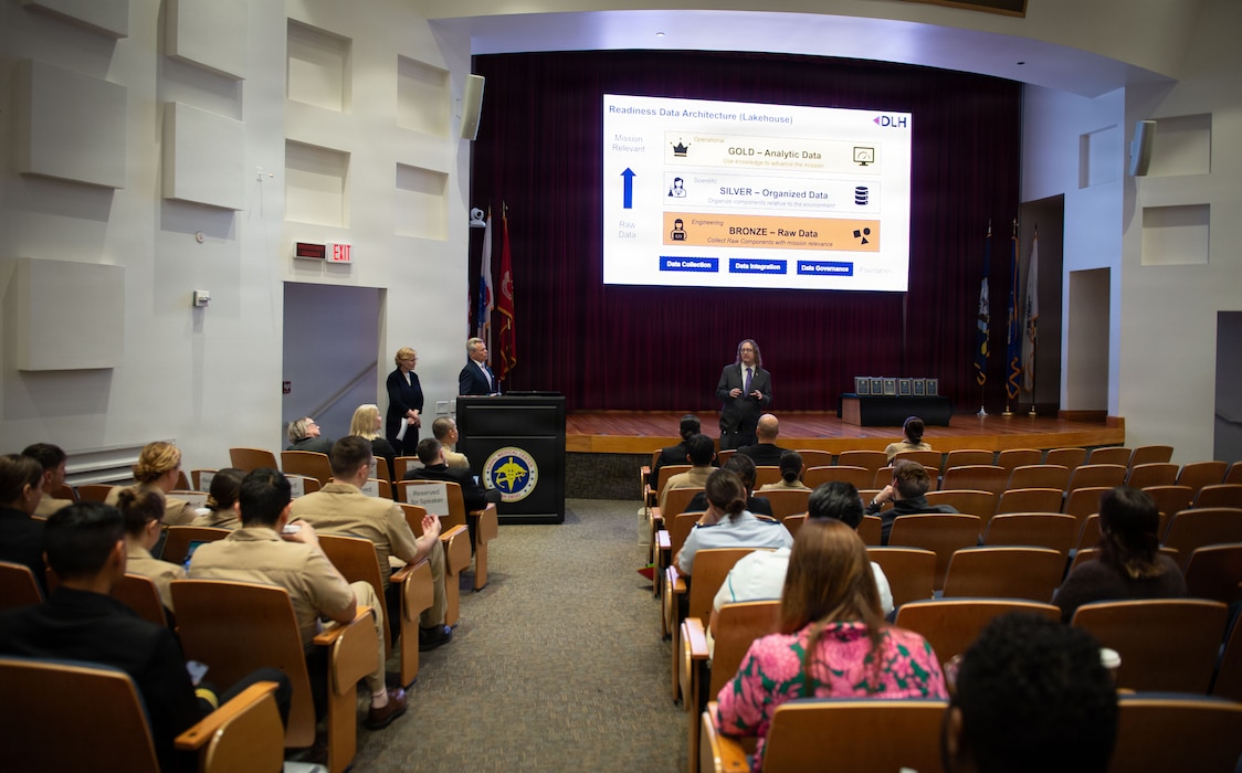Dr. Nathaniel McNeil, Data Engineer and Research Scientist for DLH, Dr. Vicki Hart, Director of Epidemiology & Biostatistics and Strategic Account Executive for Science, Research and Development for DLH, and John Lamberton, Healthcare Practice Leader for DLH and retired U.S. Navy captain, serve as keynote speakers during the 41st Academic Research Competition and Innovation Day at Naval Medical Center San Diego, April 10. NMCSD employs more than 5,500 active-duty military personnel, civilians, and contractors in Southern California to deliver exceptional care afloat and ashore. (U.S. Navy photo by Hospital Corpsman 2nd Class Brittany Omana-Mendoza)