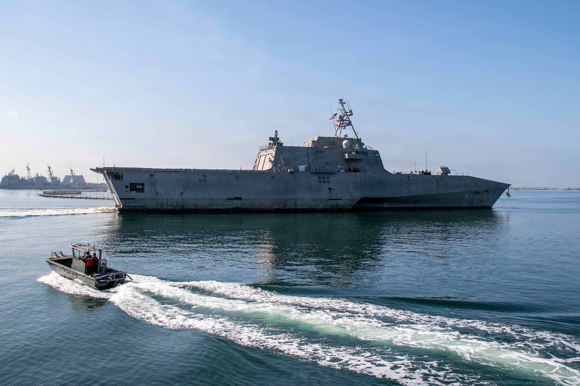 Independence-variant littoral combat ship USS Savannah (LCS 28) departs from Naval Base San Diego for its new homeport of Portland, Ore., April 8, 2026. While Savannah is in Portland, the ship will be entering into a Docking Selected Restricted Availability (DSRA) to receive lethality and survivability upgrades. Littoral combat ships are fast, optimally manned, mission-tailored surface combatants that operate in near-shore and open-ocean environments, winning against 21st-century threats. (U.S. Navy photo by Mass Communication Specialist 2nd Class Kassandra Alanis)