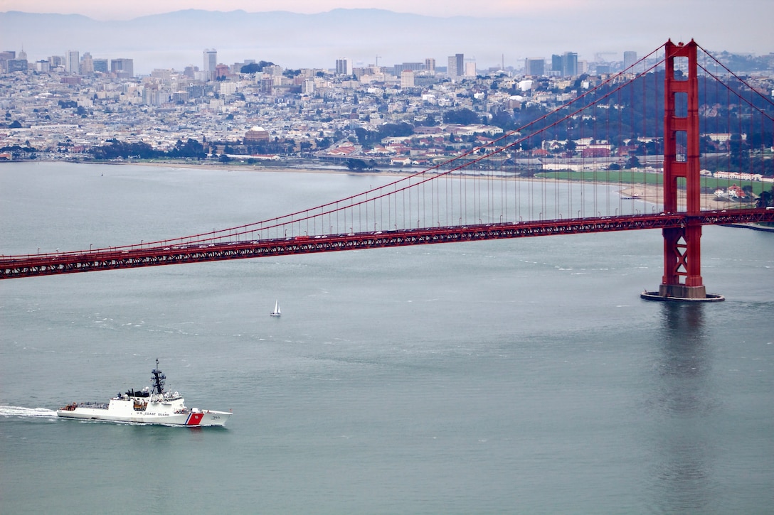 U.S. Coast Guard Cutter Bertholf (WMSL 750) departs the San Francisco Bay on Jan. 21, 2026. Bertholf departed for a deployment to the Eastern Pacific Ocean. (U.S. Coast Guard Courtesy photo)