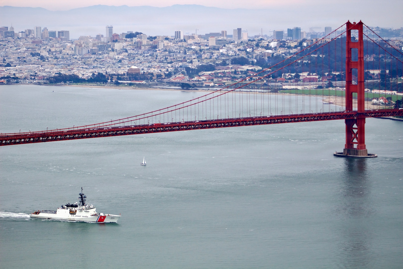 U.S. Coast Guard Cutter Bertholf (WMSL 750) departs the San Francisco Bay on Jan. 21, 2026. Bertholf departed for a deployment to the Eastern Pacific Ocean. (U.S. Coast Guard Courtesy photo)