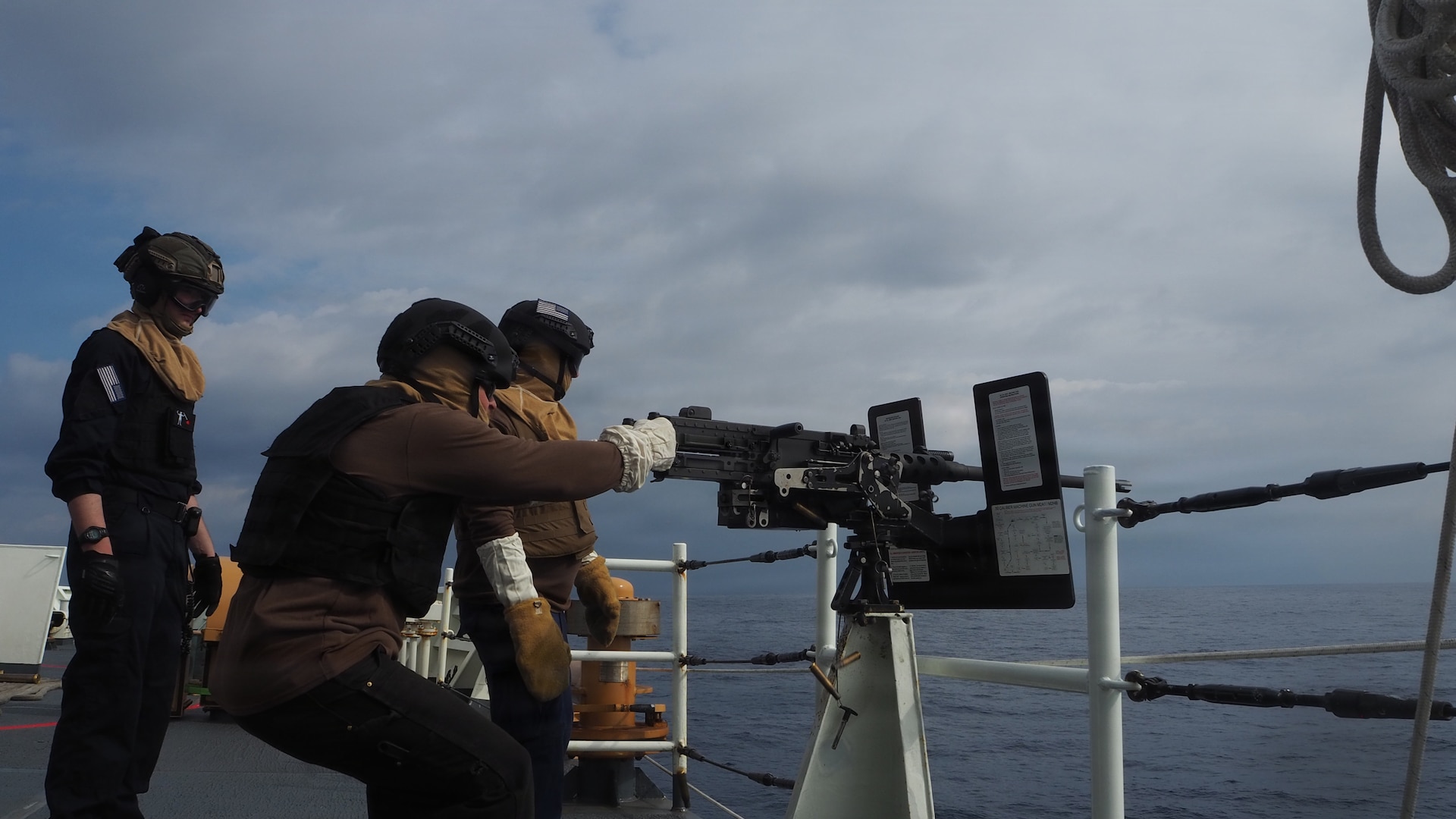 U.S. Coast Guard Cutter Bertholf (WMSL 750) conducts a crew served Gunnery Exercise in the Eastern Pacific Ocean, Feb. 11, 2026. Bertholf deployed to the Eastern Pacific in support of Operation PACIFIC VIPER (U.S. Coast Guard Photo by Seaman Cole Ford)