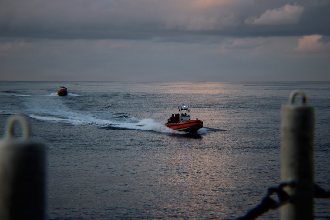 U.S. Coast Guard Cutter Bertholf (WMSL 750) conducts nighttime cutter boat operations as a part of Operation PACIFIC VIPER in the Pacific Ocean, Feb. 16, 2026. Cutter boats are essential to the counter narcotics operations, extending the reach of Bertholf by delivering Law Enforcement teams at high speeds to intercept suspected narco-trafficking vessels in the Eastern Pacific Ocean. (U.S. Coast Guard Courtesy photo)