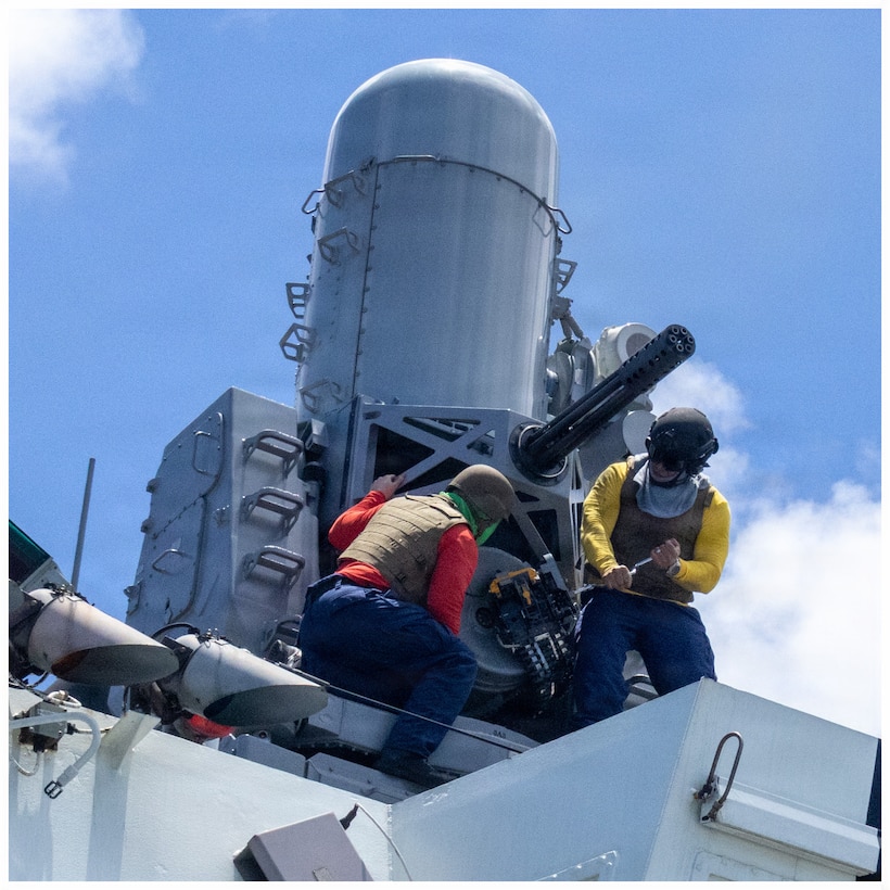 US Coast Guard Cutter Bertholf (WMSL 750) performs final pre-fire checks on their Phalanx Close In Weapons System (CIWS) in the Pacific Ocean, Feb. 16, 2026. Bertholf deployed to the Eastern Pacific in support of Operation PACIFIC VIPER (U.S. Coast Guard photo by Chief Petty Officer Jayson Merrill)