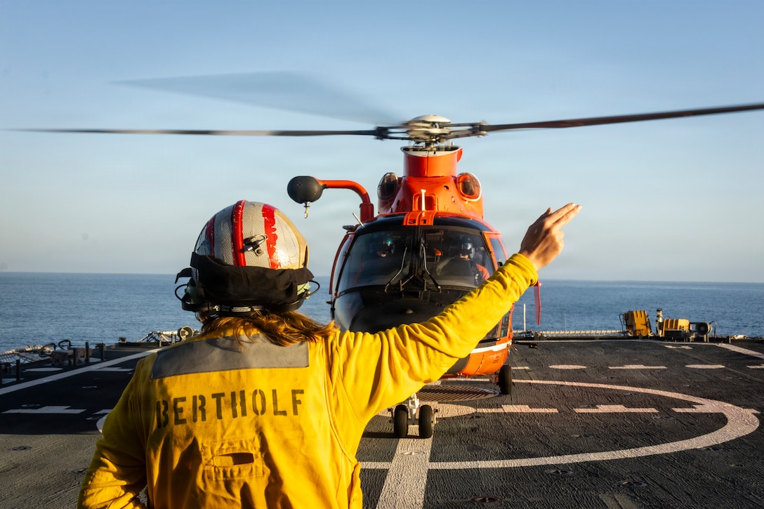 U.S. Coast Guard Cutter Bertholf (WMSL 750) conducts Helicopter Operations in the Pacific Ocean, April 5, 2026. Part of a planned aviation training exercise prior to their return to homeport after an 80 day counter-narcotics deployment supporting Operation PACIFIC VIPER. (U.S. Coast Guard photo by Chief Petty Officer Jayson Merrill)