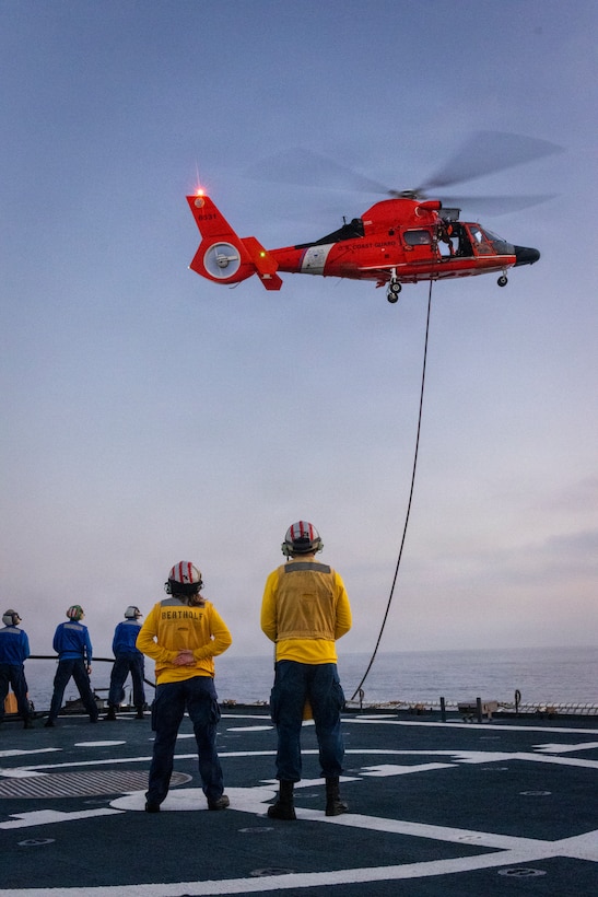 U.S. Coast Guard Cutter Bertholf (WMSL 750) conducts Helicopter Operations in the Pacific Ocean, April 5, 2026. Part of a planned aviation training exercise prior to their return to homeport after an 80 day counter-narcotics deployment supporting Operation PACIFIC VIPER. (U.S. Coast Guard photo by Chief Petty Officer Jayson Merrill)