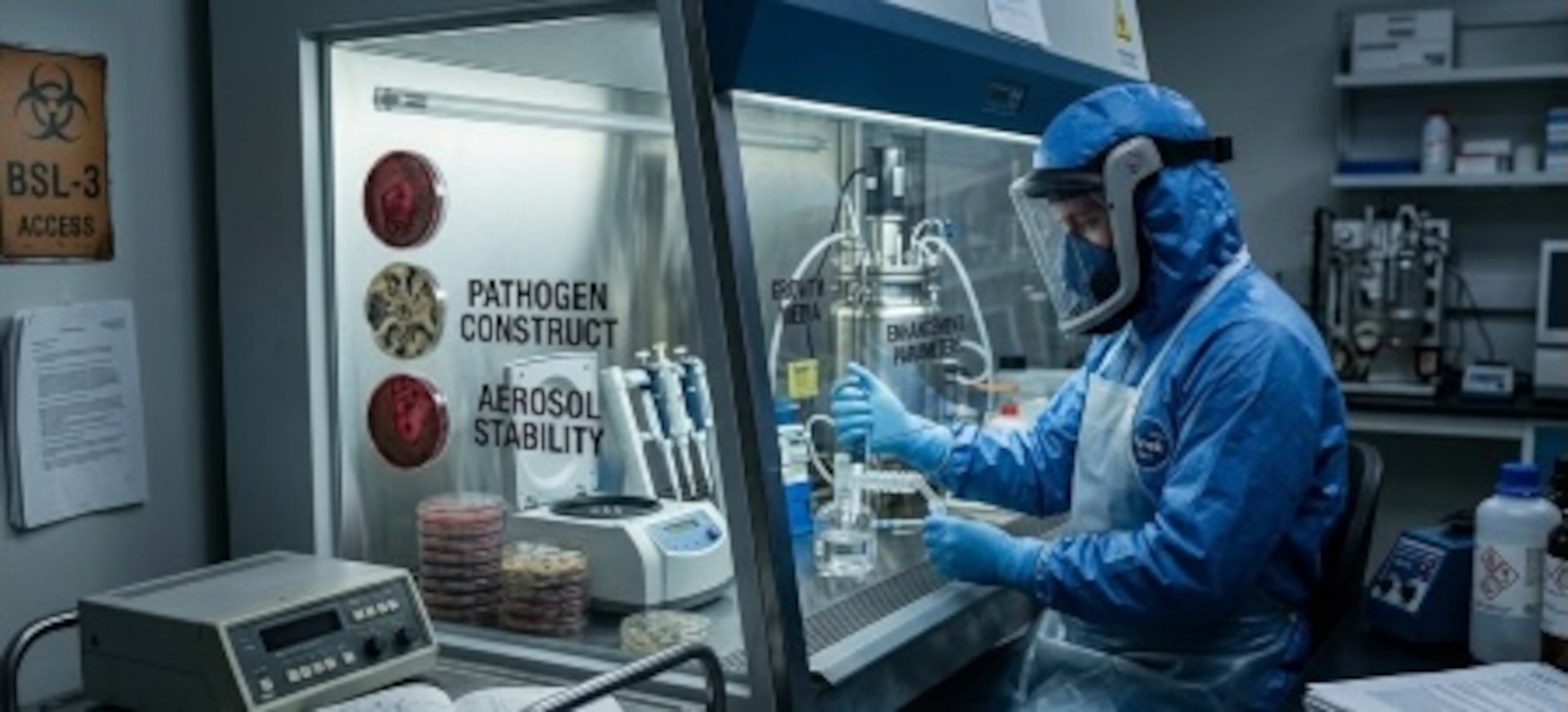 A laboratory technician wearing full protective gear works inside a biosafety cabinet in a high-containment lab. The worker handles glass equipment and samples while surrounded by petri dishes and scientific instruments. Signs on the cabinet reference “Pathogen Construct” and “Aerosol Stability,” and a “BSL-3 Access” warning is visible, indicating research involving potentially hazardous biological materials.