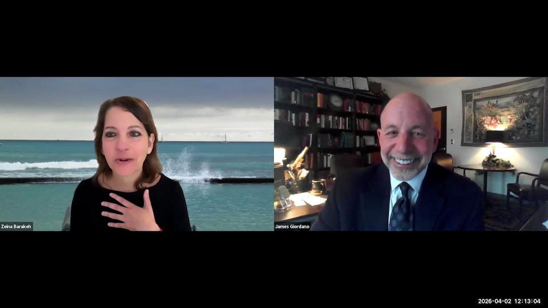 Screengrab of webinar "CYBORGUARDIANS: Ethical Frontiers of BCIs in Military Contexts," hosted by Arizona State University. Zeina Barakeh (left) speaks to Dr. James Giordano (right).