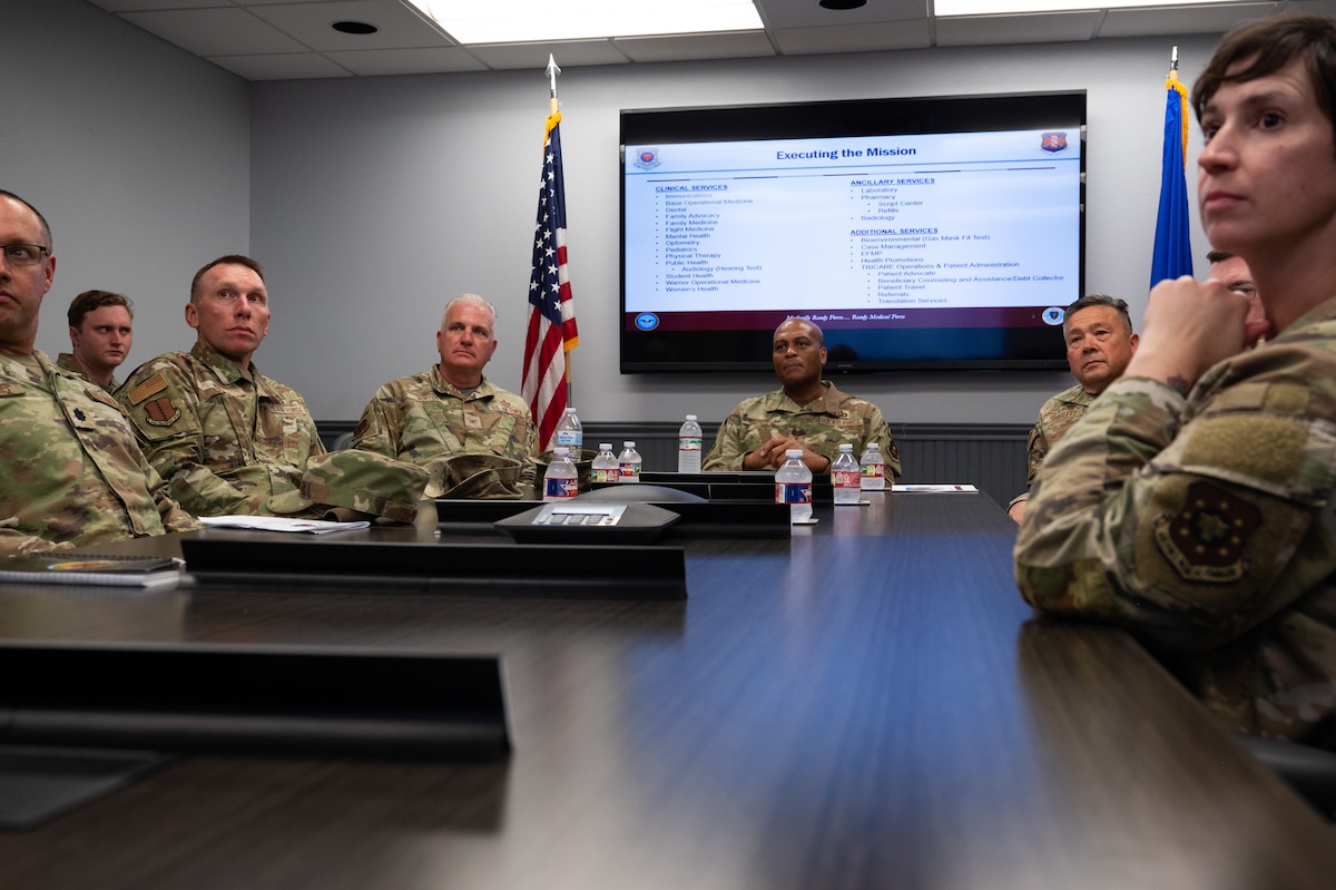 U.S. Air Force Maj. Gen. Roy W. Collins, Air Education Training Command deputy commander, and 17th Training Wing leadership attend the Goodfellow Medical Group brief at the Ross Clinic, Goodfellow Air Force Base, Texas, April 10, 2026. The briefing included the chain of command, everyday operations and the partnerships with medical professionals in the San Angelo community. (U.S. Air Force photo by Senior Airman Brian Lummus)