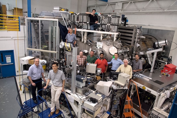 NRL Nike Laser Achieves Spot in Guinness World Records; A set of experiments conducted on the Nike krypton fluoride (KrF) laser at the U.S. Naval Research Laboratory (NRL) nearly five years ago has, at long last, earned the coveted Guinness World Records title for achieving “Highest Projectile Velocity” of greater than 1,000 kilometers per second (km/s), a speed equivalent to two-and-a-quarter million miles per hour. Nike Laser Target Area: James (Jim) Weaver, Yefim Aglitskiy, Jude Kessler, Dennis Brown, Victor Serlin, Steve Krafsig, Max Karasik, Lop-Yung Chan, Stephen (Steve) Terrell, Jaechul Oh