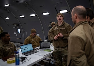 U.S. Air Force Airman Jake Kelley, 87th Operational Medical Readiness Squadron bioenvironmental engineering technician, provides a risk assessment brief during Radiant Falcon training at Joint Base McGuire-Dix-Lakehurst, N.J., March 26, 2026.