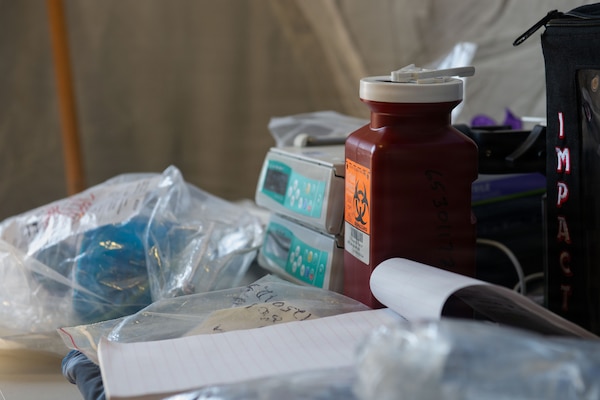 Medical supplies used by the 137th Special Operations Wing during exercise Sentry South 26-2 sits on a table at Camp Shelby Joint Forces Training Center, Mississippi, March 2, 2026. Sentry South 26-2 is a large force employment exercise focused on major combat operations and joint maritime opportunities in a contested or degraded operational environment. Sentry South 26-2 is a large force employment exercise focused on major combat operations and joint maritime opportunities in a contested or degraded operational environment. Sentry South 26-2 applies joint and combined warfighting doctrine against realistic and robust enemy integrated threat systems, all while under safe and controlled conditions. (U.S. Air National Guard photo by Staff Sgt. Nicholas Swift)