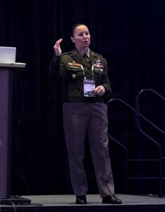 Maj. Gen. Lori Robinson, commanding general of the U.S. Army Aviation and Missile Command, speaks to Army National Guard aviation personnel during the Army Aviation Association of America Warfighting Summit in Nashville, Tenn., April 2026. Robinson discussed aviation readiness, sustainment priorities and modernization efforts across the force.
