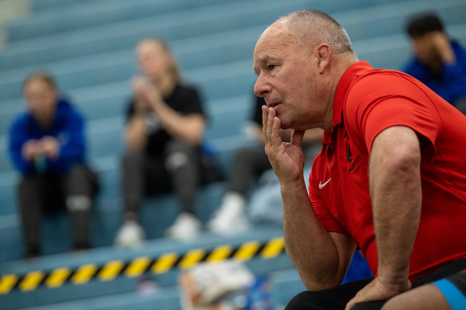 U.S. Marine Corps All-Marine wrestling team coach participate in the Armed Forces Sports Men’s and Women’s Wrestling Championships at the Mitchell W. Stout Physical Fitness Center on Fort Bliss, Texas, March 14, 2026. Service members compete in Greco-Roman and freestyle wrestling for championship honors while representing their respective services.