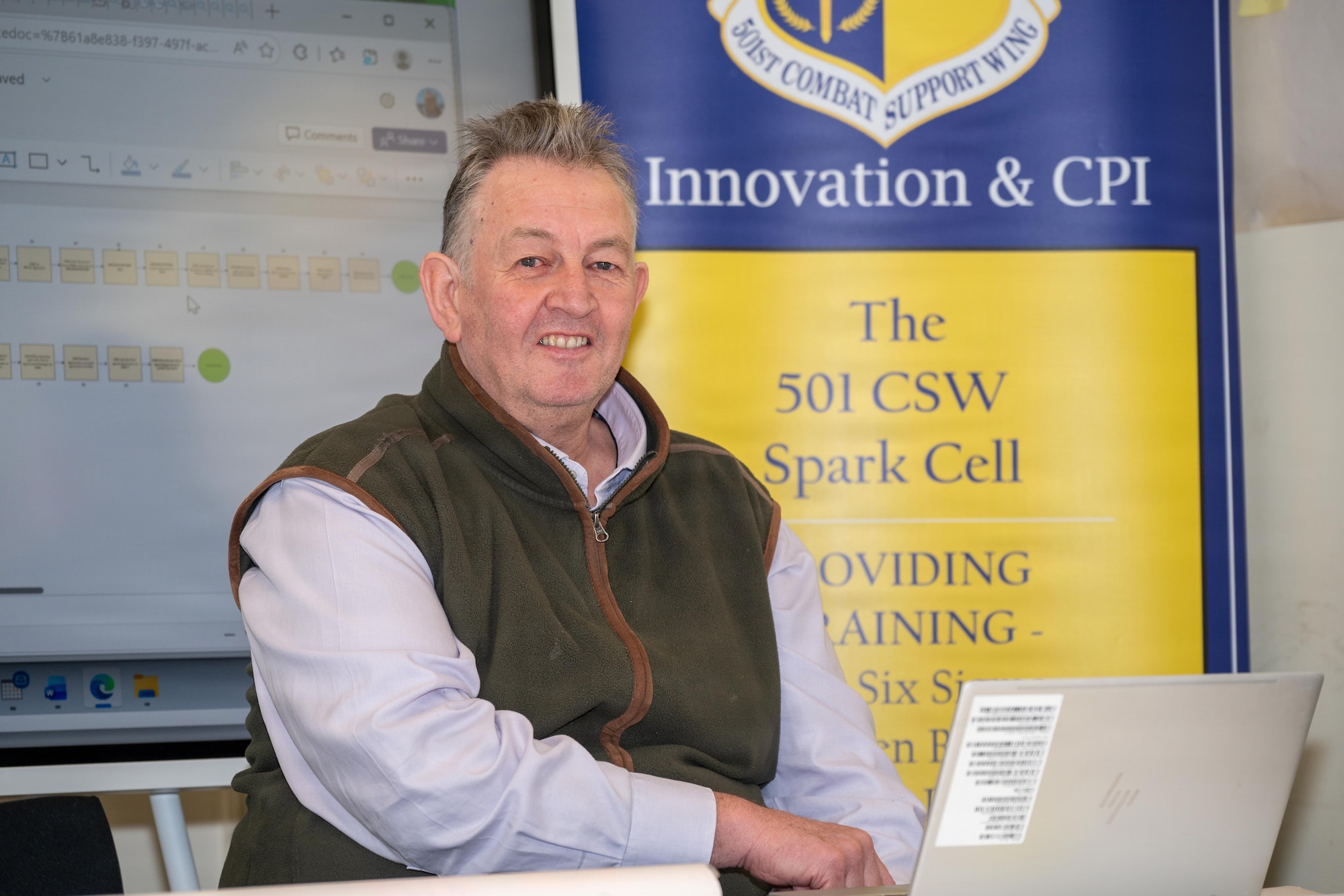 Nick Underwood, 501st Combat Support Wing, Wing Process Manager and Innovation Lead, smiles for a photo