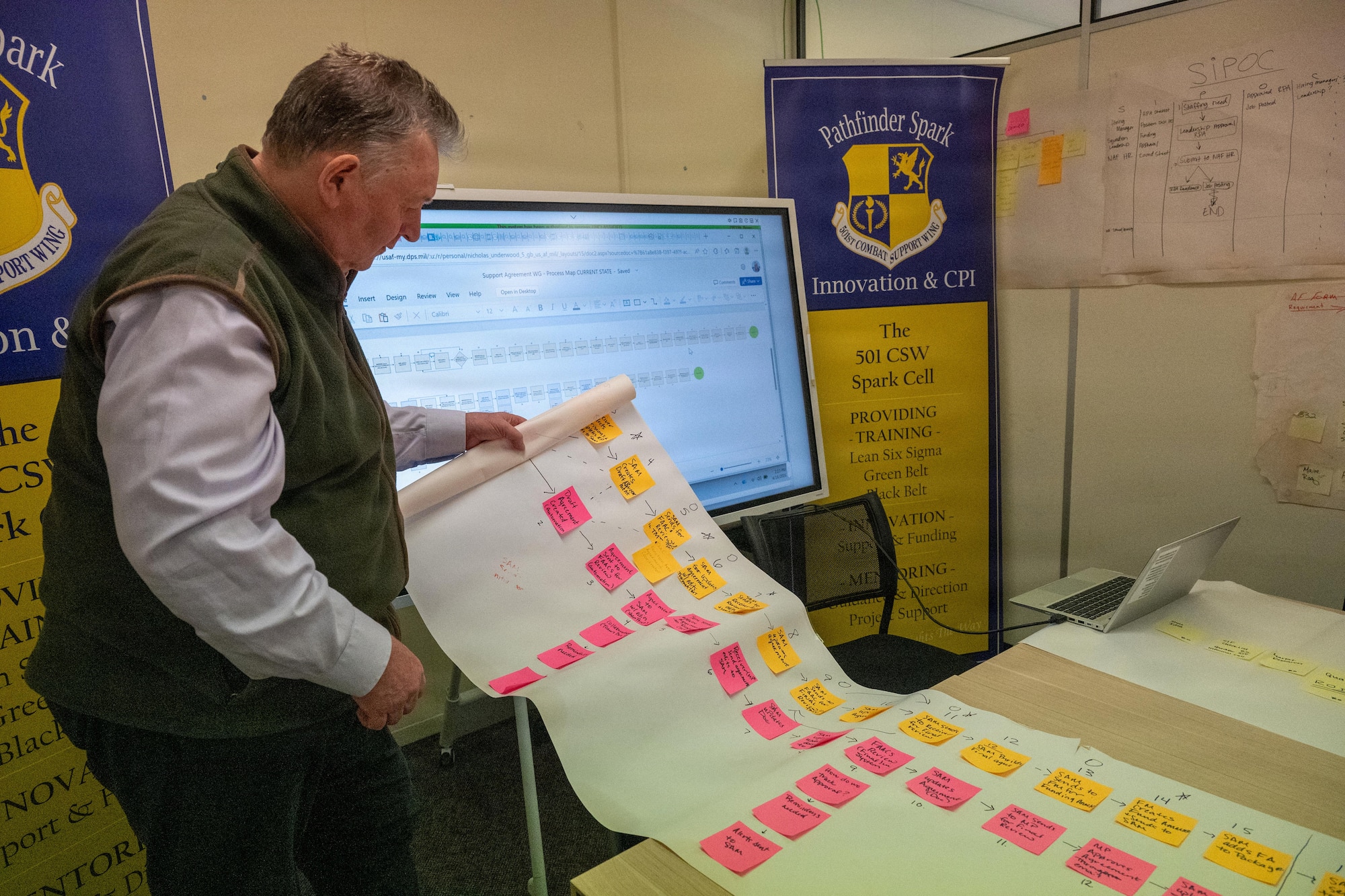 Nick Underwood, 501st Combat Support Wing, Wing Process Manager and Innovation Lead, reviews a project timeline